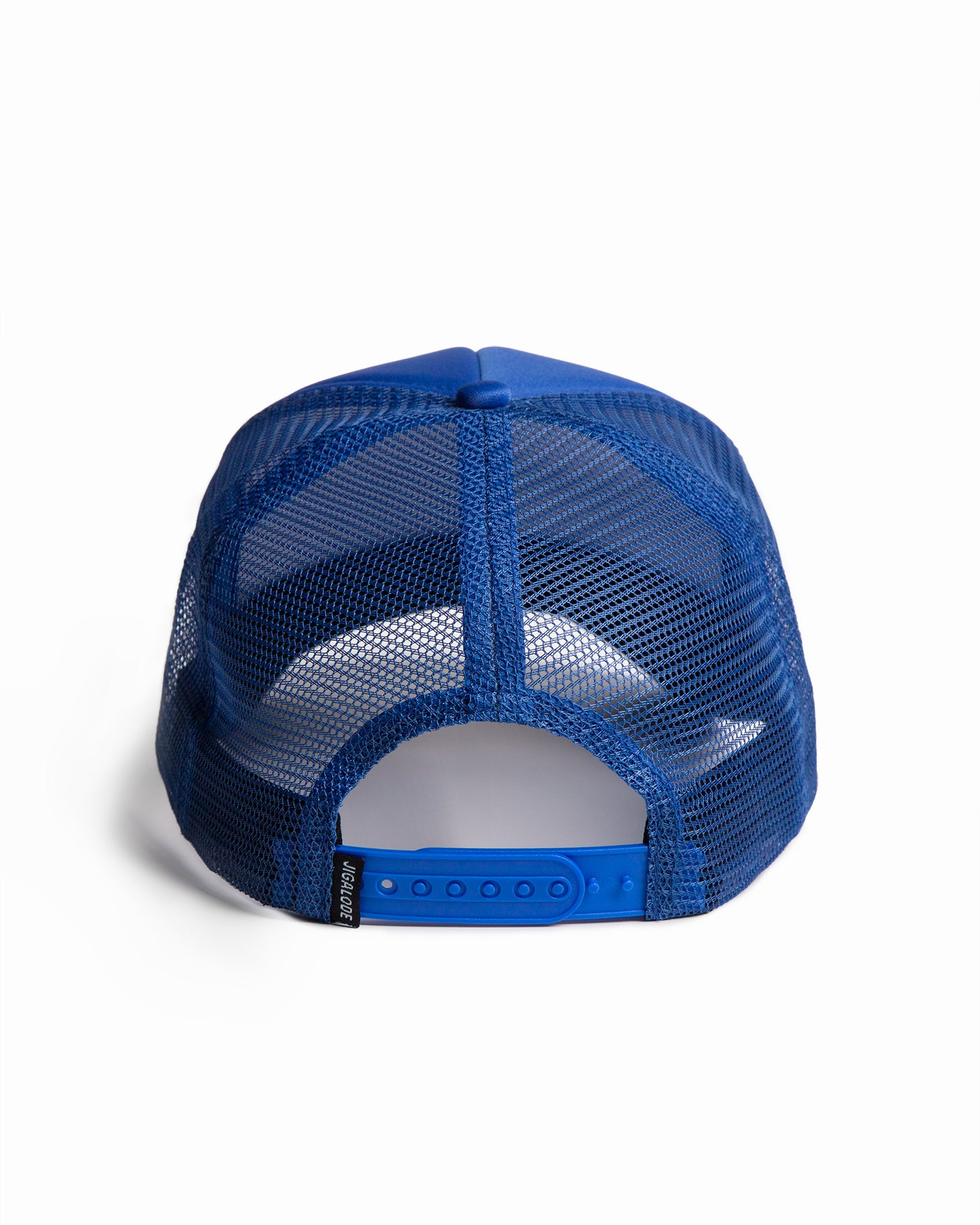 Back shot of the First Date trucker. It's a royal blue foam trucker hat. The front is printed with "I Fish On The First Date".