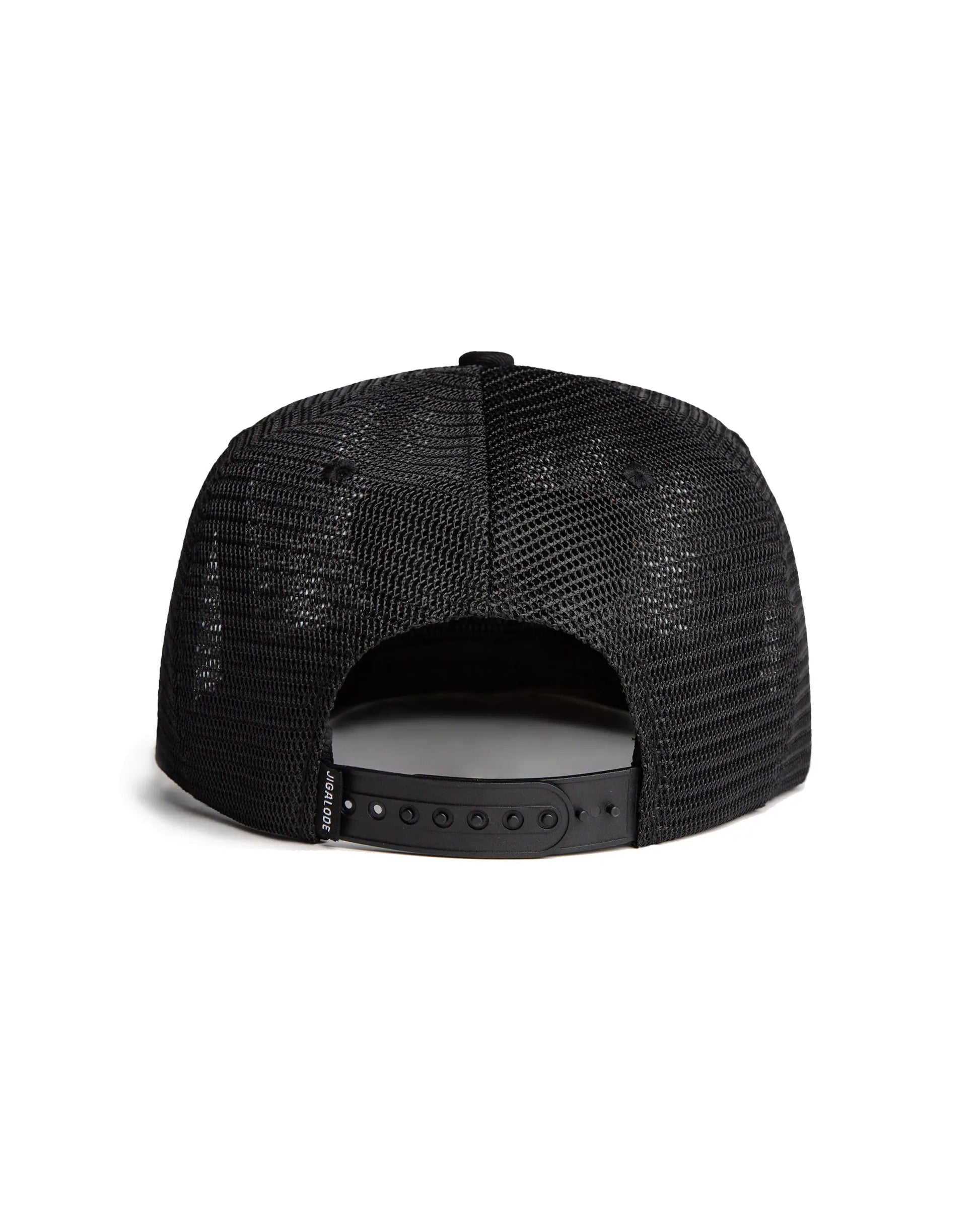 Back view of the 'Move In Silence' Mesh Snapback fishing hat in all black. The hat's full mesh construction provides excellent ventilation. The plastic snap closure ensures an adjustable and comfortable fit. The golden yellow patch on the front features an alligator snapping a push pole in half, creating an eye-catching design.