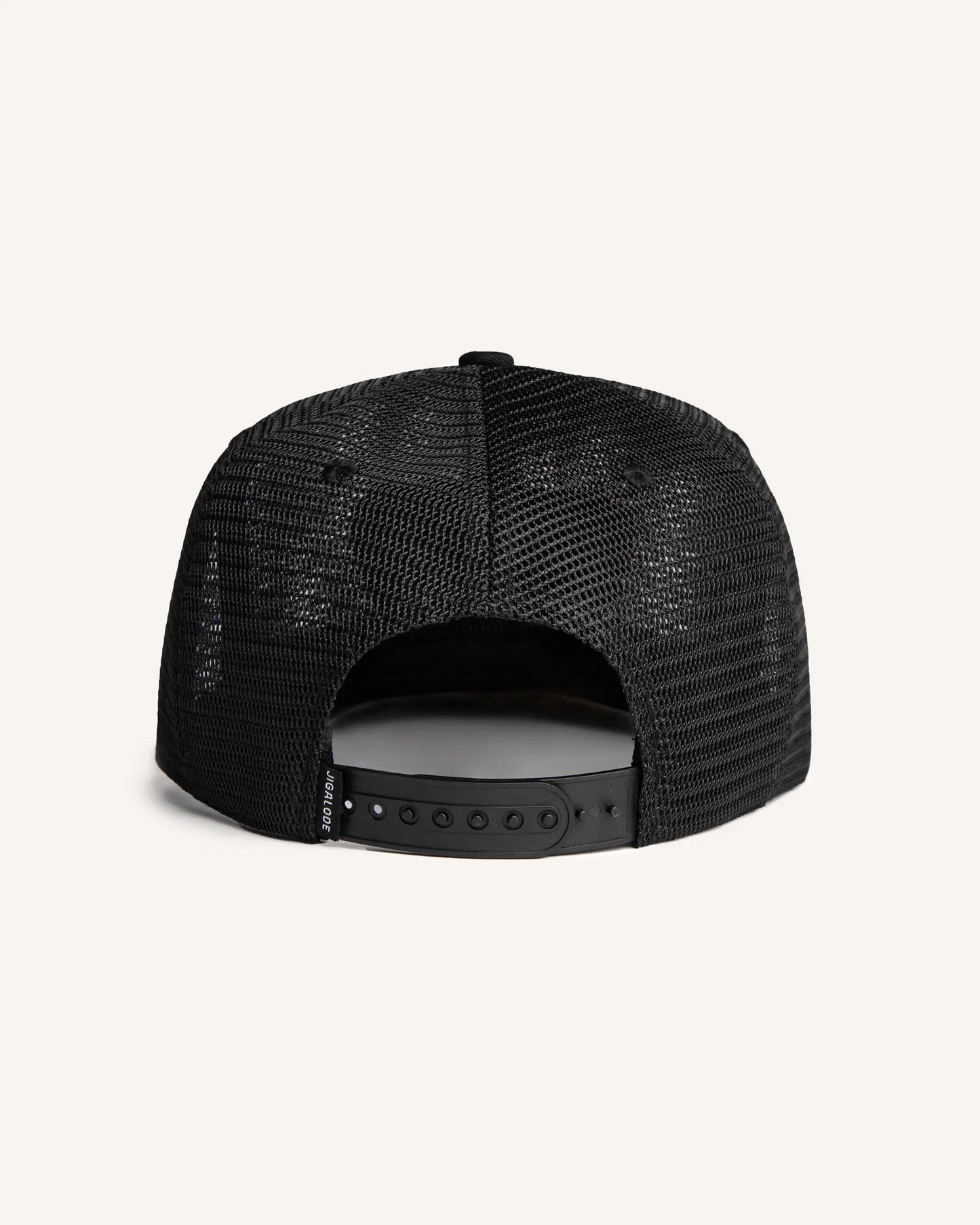 Back view of the 'Move In Silence' Mesh Snapback fishing hat in all black. The hat features a full mesh design for breathability and style. The paracord rope detail across the brim adds a distinctive touch. The golden yellow patch on the front displays an alligator snapping a push pole in half, making a powerful statement.