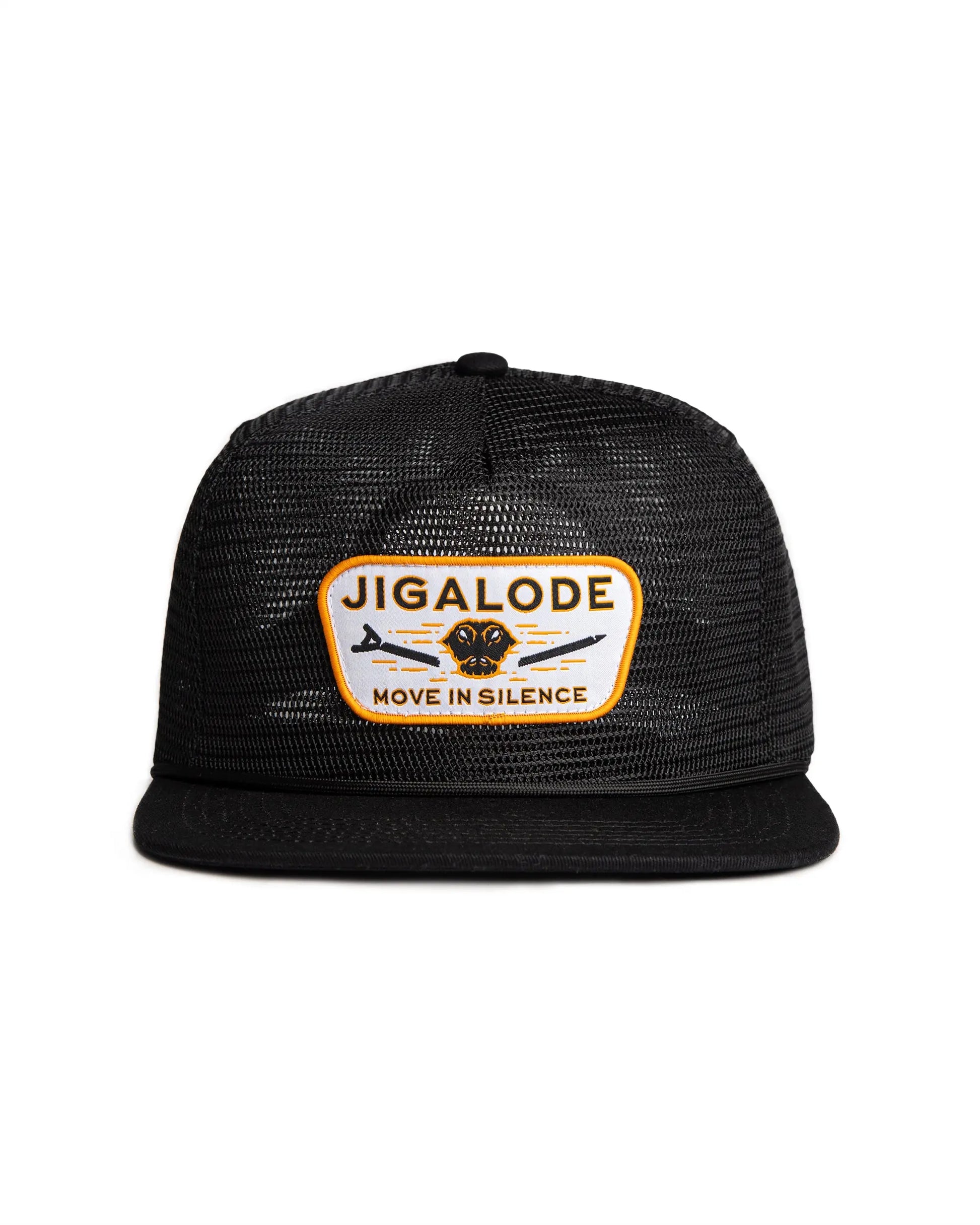 Front view of the 'Move In Silence' Mesh Snapback fishing hat in all black. The hat features a full mesh design for breathability and style. The paracord rope detail across the brim adds a distinctive touch. The golden yellow patch on the front displays an alligator snapping a push pole in half, making a powerful statement.
