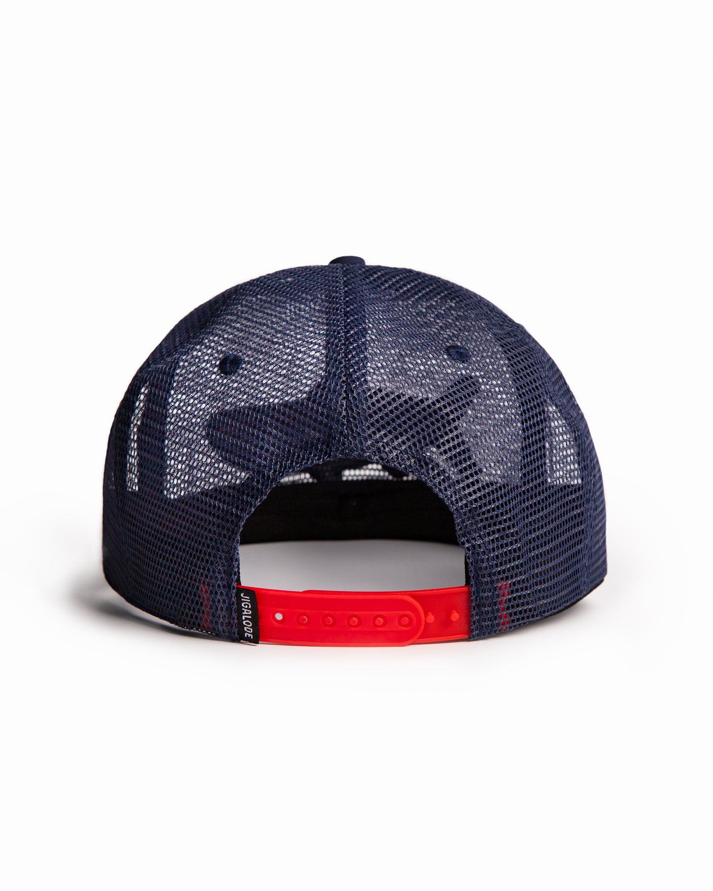 Back shot of the Red White & Poon Snapback. It is a navy blue, full mesh snapback with a red, white and blue striped tarpon patch.
