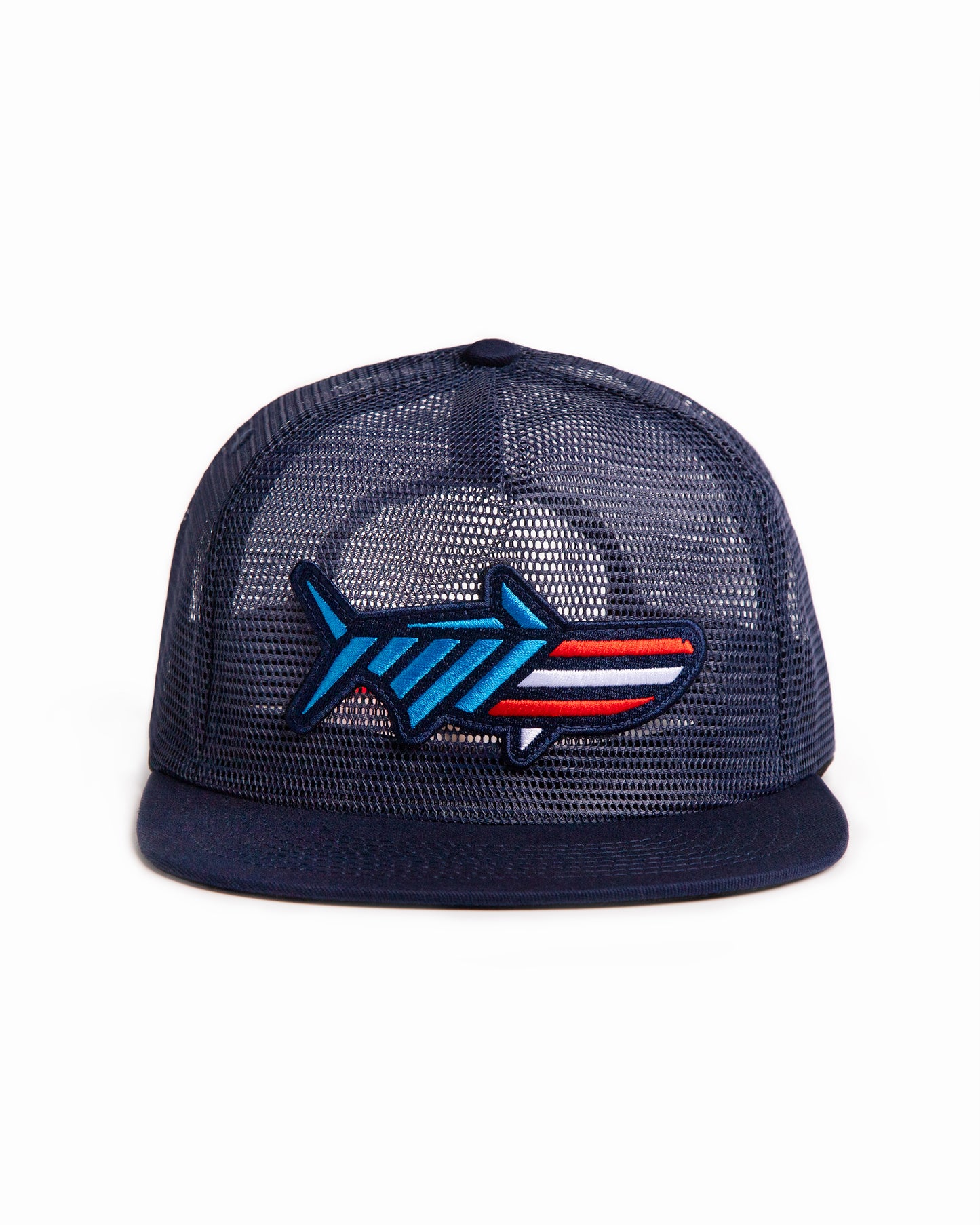 Front shot of the Red White & Poon Snapback. It is a navy blue, full mesh snapback with a red, white and blue striped tarpon patch.