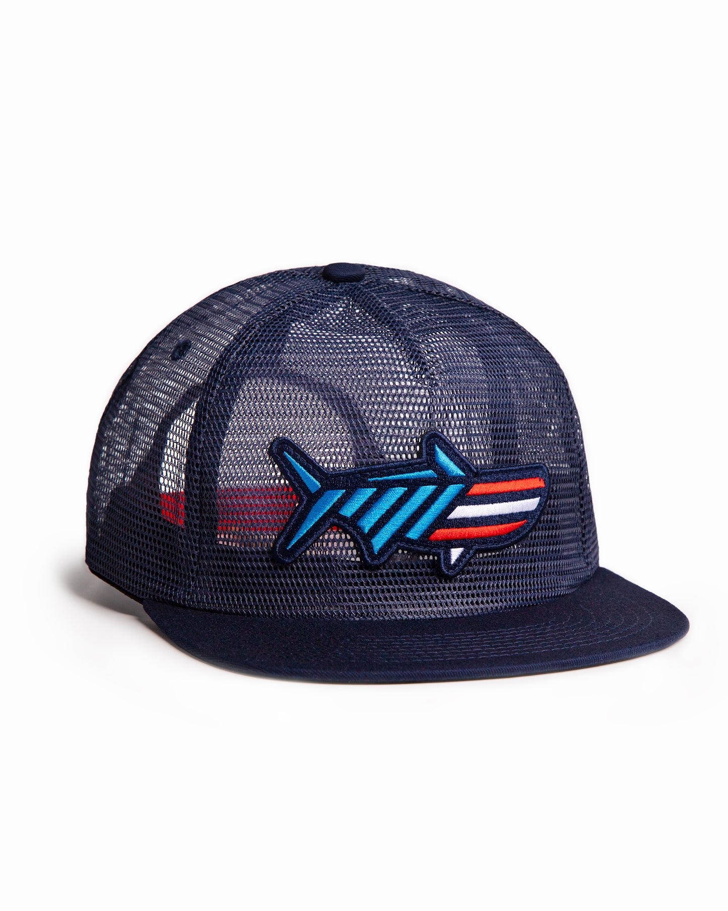 Angled shot of the Red White & Poon Snapback. It is a navy blue, full mesh snapback with a red, white and blue striped tarpon patch.