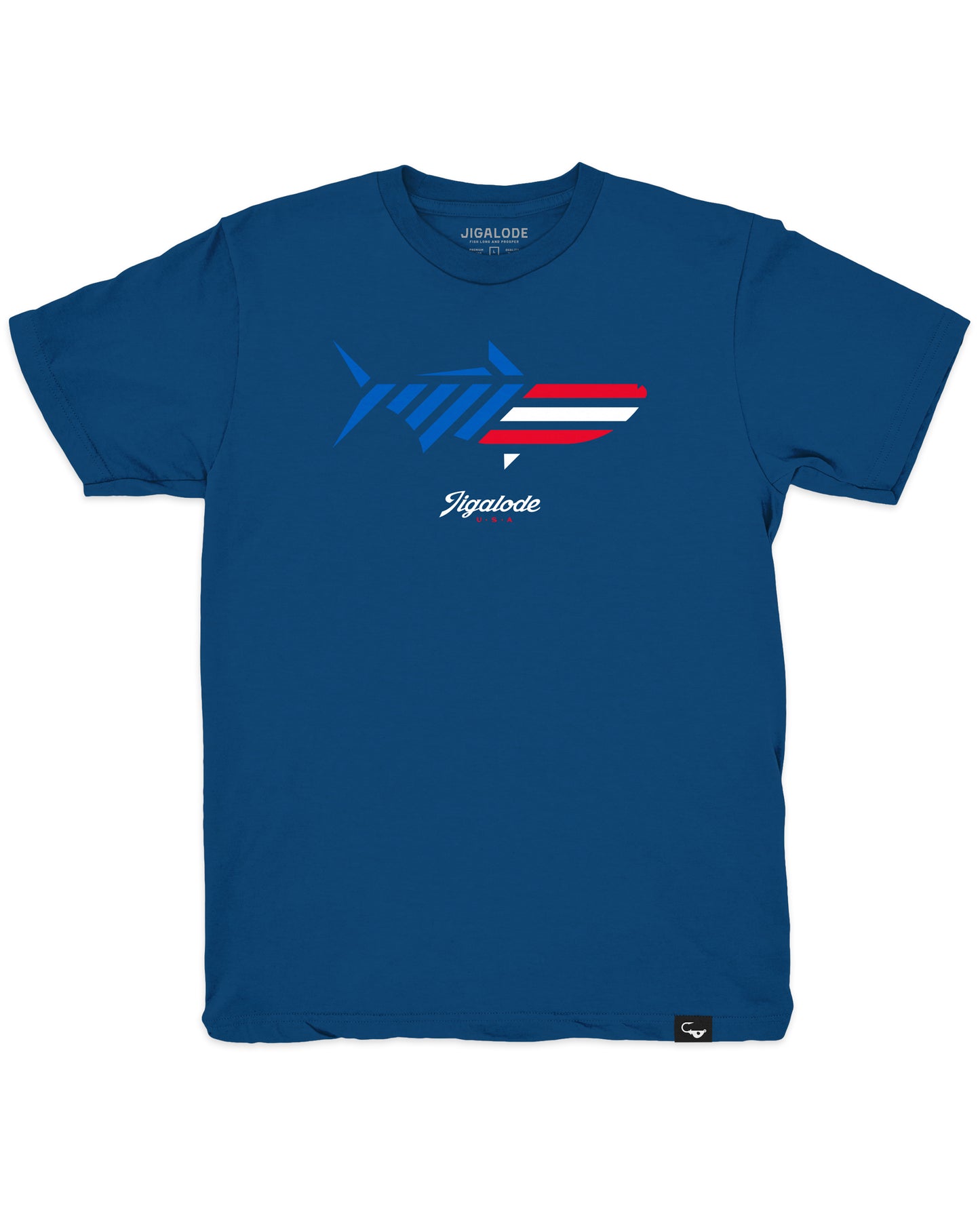 The Red White and Poon tee from Jigalode is a blue mens t-shirt with a red white and blue american flag style tarpon design.