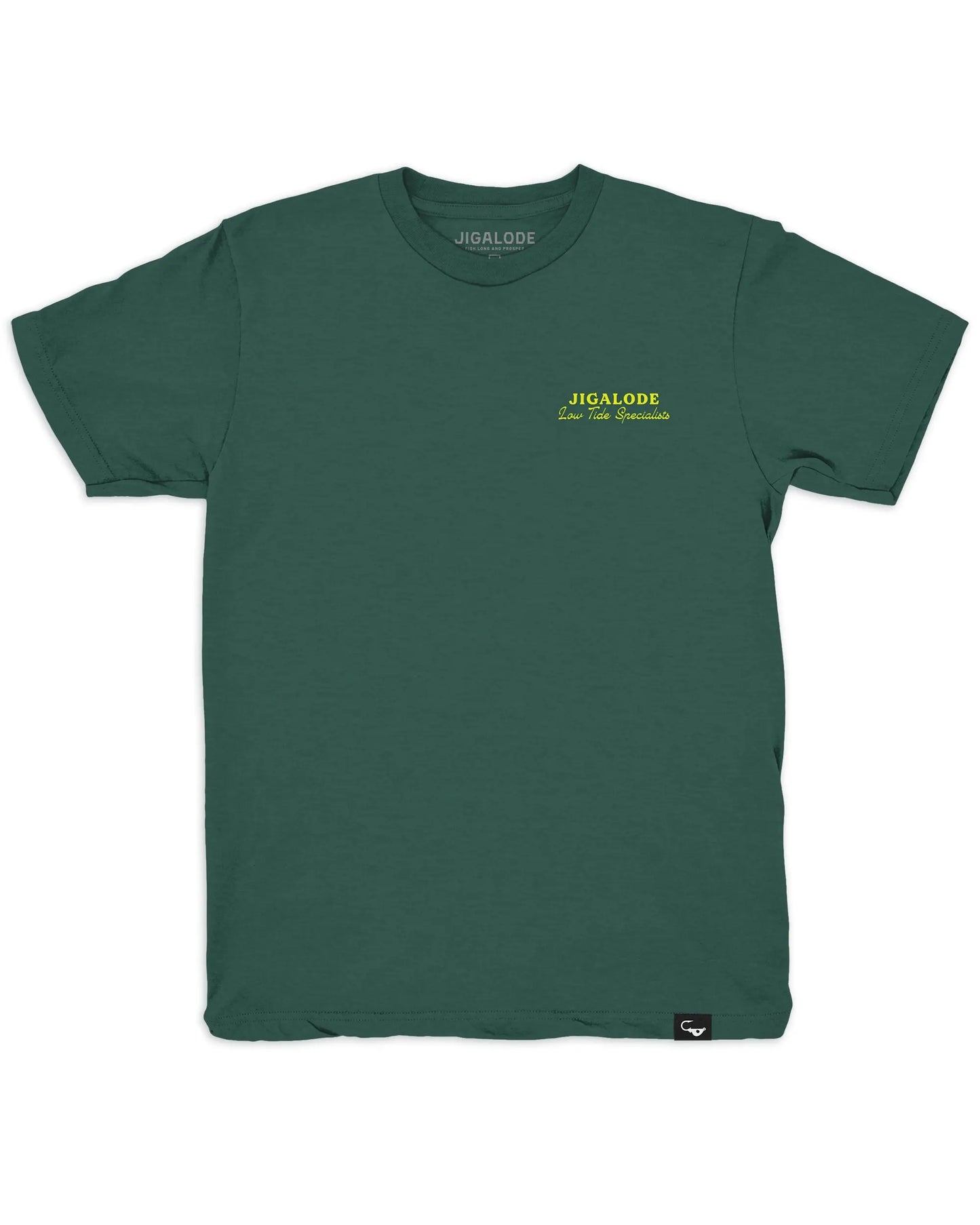 Front side of the Jigalode Spoonbill t-shirt. The shirt reads "Jigalode: Low Tide Specialists" on the chest