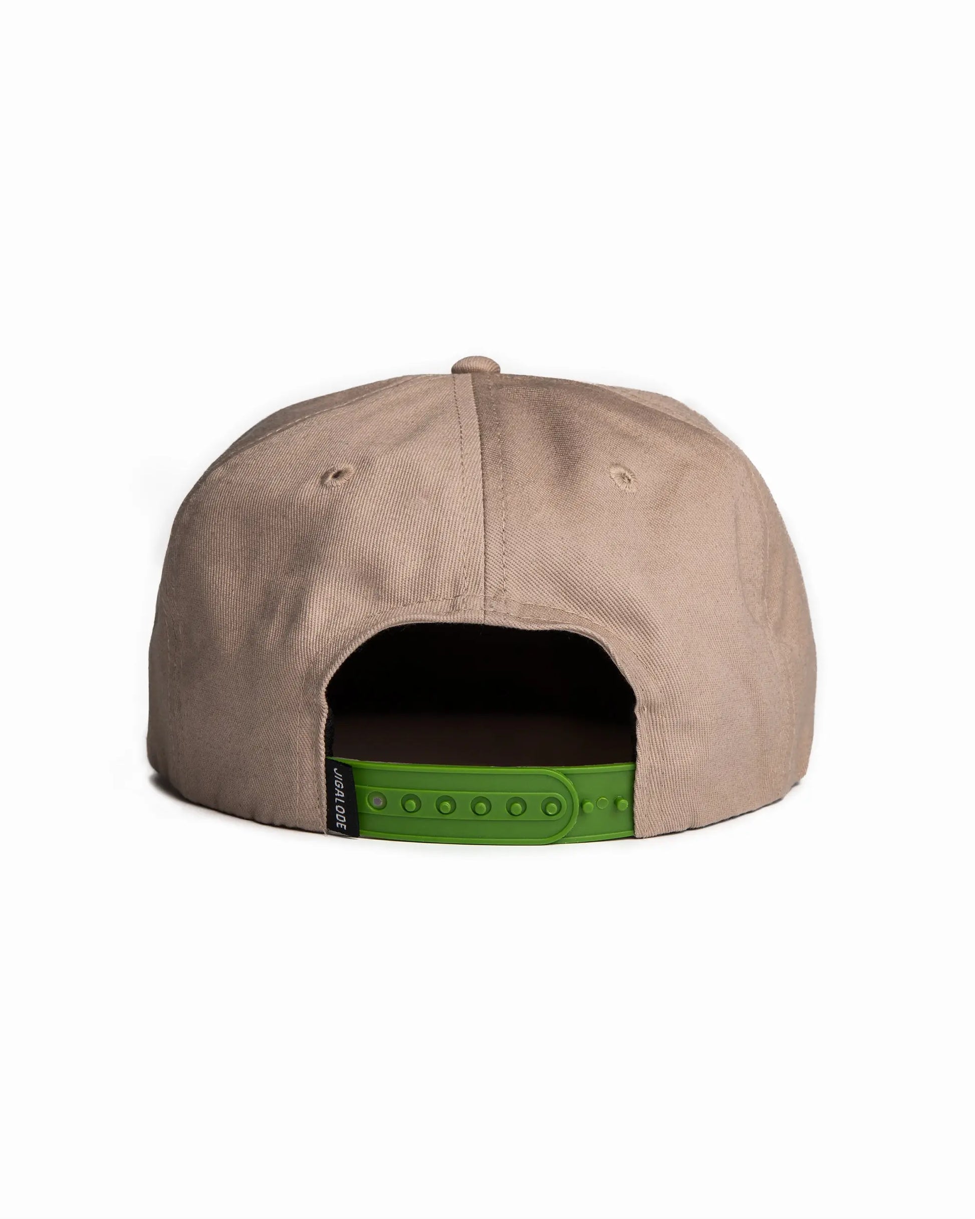 Back view of the Jigalode "Tarpon" Snapback fishing hat. The hat is a tan/khaki unstructured flat brim with a large tarpon patch in the front.