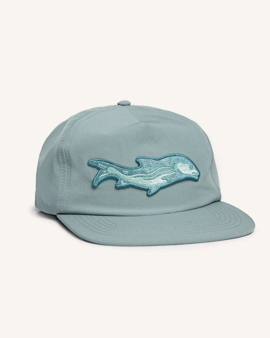 Light blue fishing snapback hat with a bonefish patch on the front.