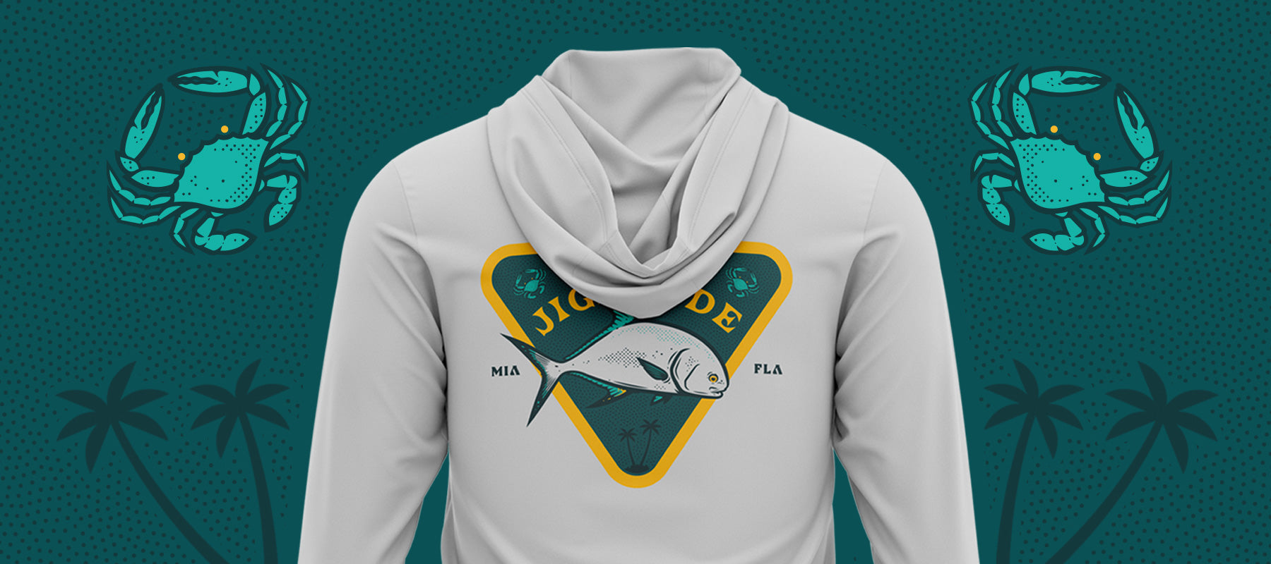 Jigalode and the Bonefish & Tarpon Trust Permit Fishing Performance Sun Hoodie for Fly Fishing with two crabs on either side.