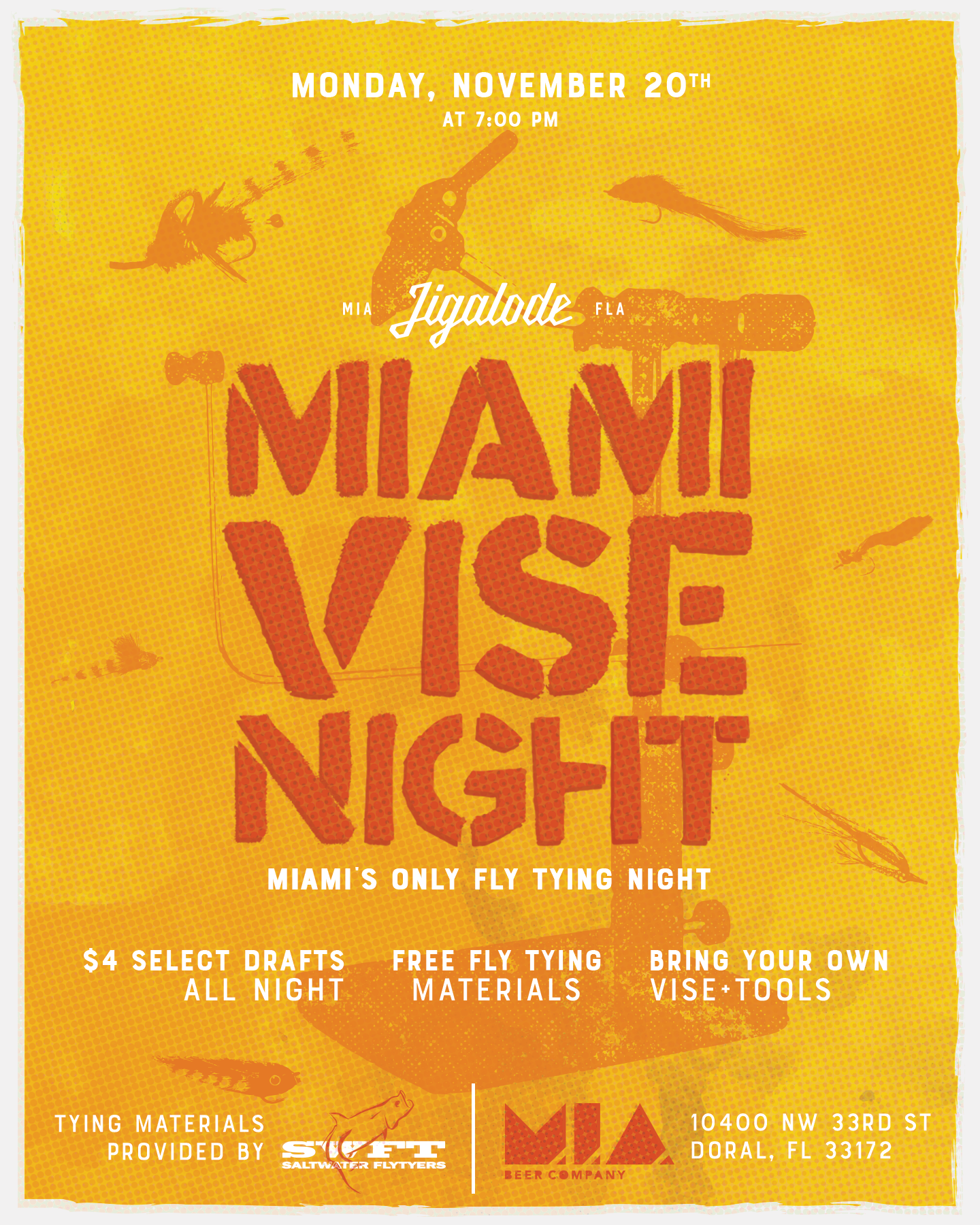Jigalode, Fly Fishing, Fly Tying Night, Fly Tying, Miami, MIA Beer Company, MIA Brewing, Beer, Miami Vise Night, Thanksgiving, Tarpon, Redfish, Bonefish, Everglades, Fishing, 