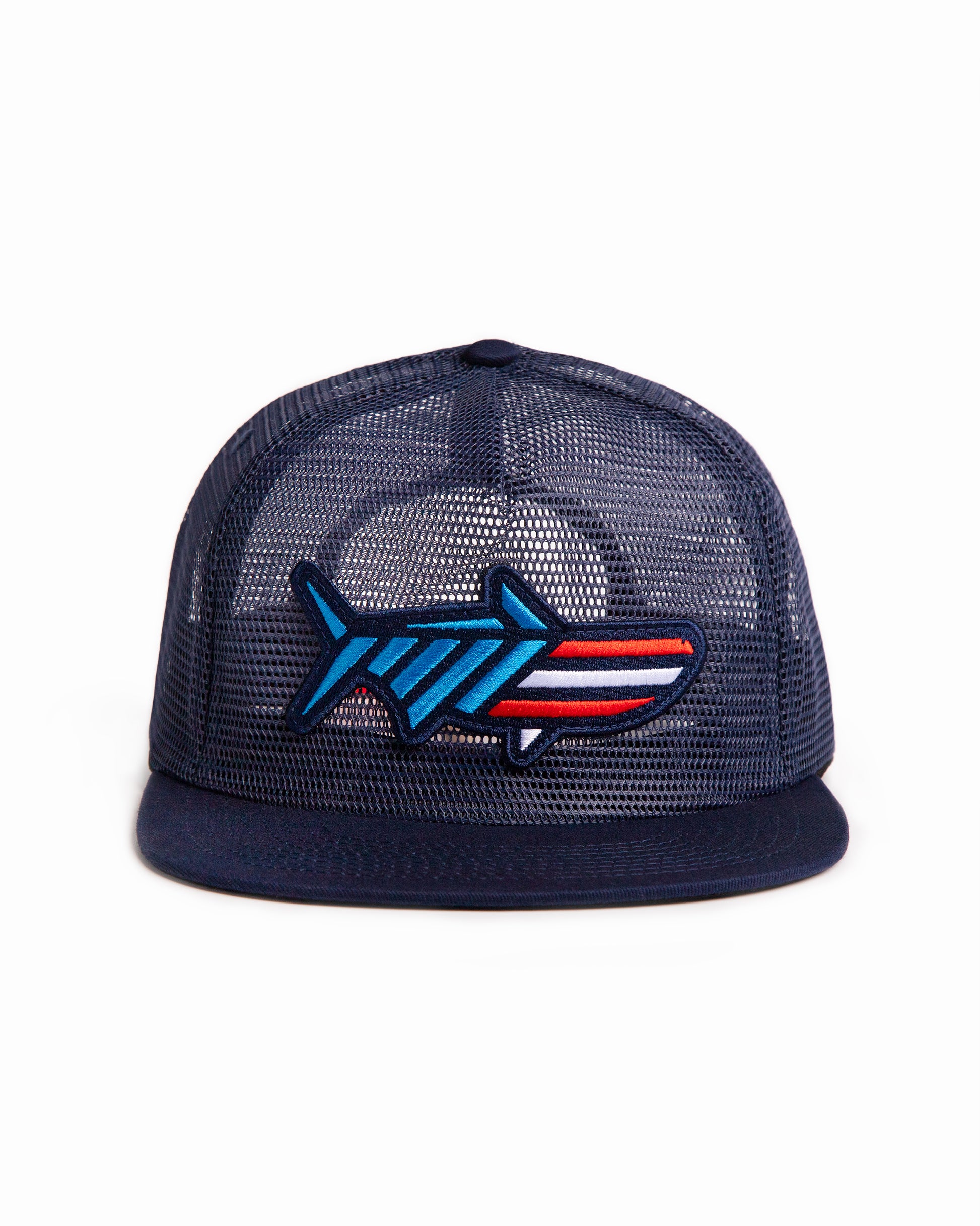 Front shot of the Red White & Poon Snapback. It is a navy blue, full mesh snapback with a red, white and blue striped tarpon patch. 