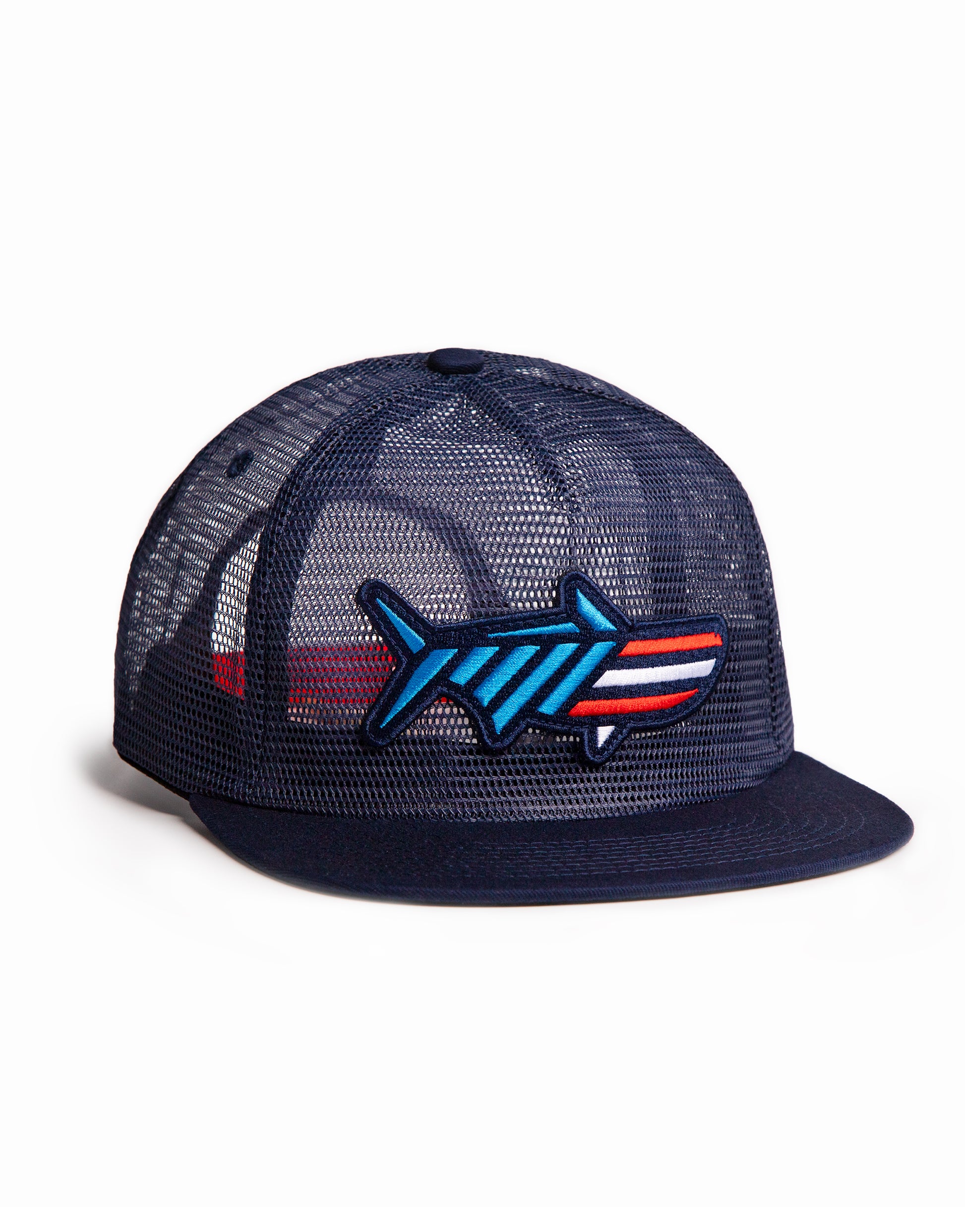 Angled shot of the Red White & Poon Snapback. It is a navy blue, full mesh snapback with a red, white and blue striped tarpon patch. 