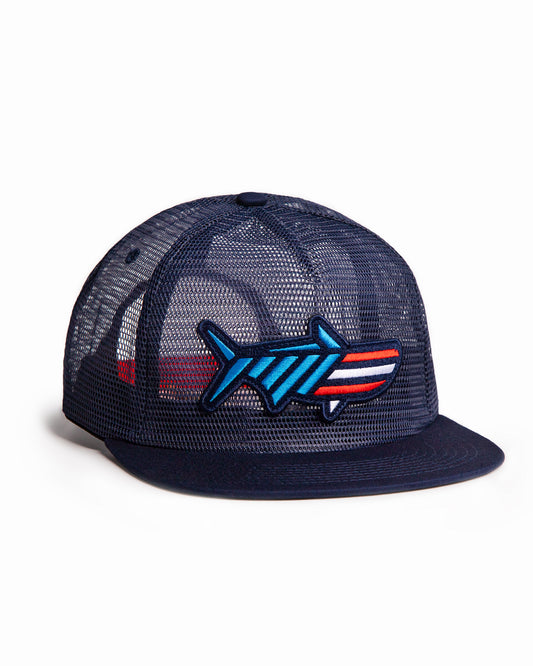 Angled shot of the Red White & Poon Snapback. It is a navy blue, full mesh snapback with a red, white and blue striped tarpon patch. 