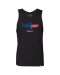 The Red White and Poon tank from Jigalode is a black mens tank top with a red white and blue american flag style tarpon design.