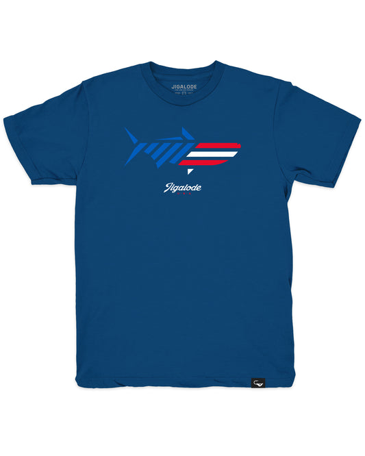 The Red White and Poon tee from Jigalode is a blue mens t-shirt with a red white and blue american flag style tarpon design.