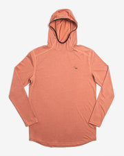 Flat view of the Jigalode Mighty Jig Performance Fishing Hoodie in rust orange with an all-over tropical plant pattern. The hoodie, designed for optimal performance, combines style with functionality. It provides UPF 30 sun protection, moisture-wicking properties, and features a super soft fabric.