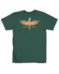 Jigalode green short sleeve fishing t-shirt with a pink roseate spoonbill spreading its wings