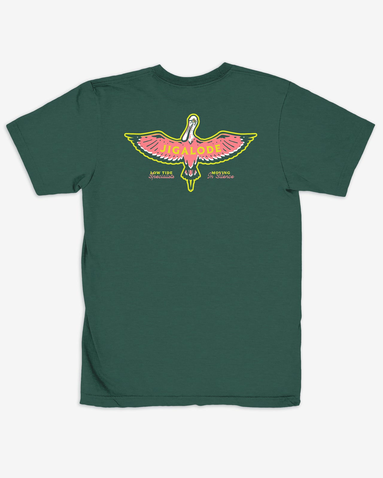 Jigalode green short sleeve fishing t-shirt with a pink roseate spoonbill spreading its wings