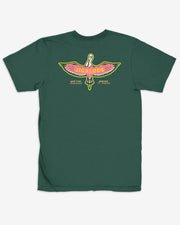 Jigalode green short sleeve fishing t-shirt with a pink roseate spoonbill spreading its wings