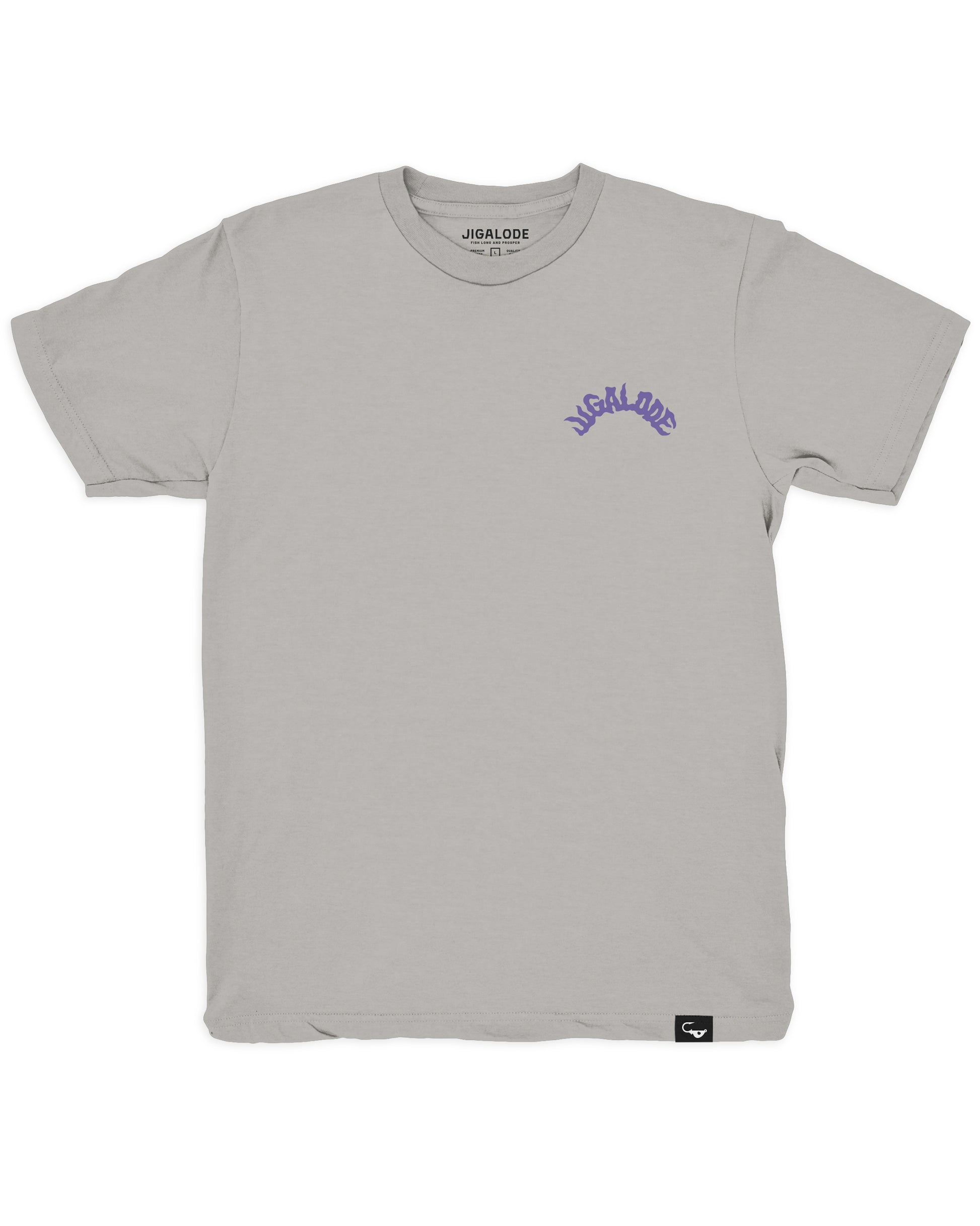 Stoned Crab fishing t-shirt featuring a crab claw holding a joint with smoke spelling out “Jigalode”