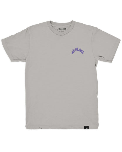Stoned Crab fishing t-shirt featuring a crab claw holding a joint with smoke spelling out “Jigalode”