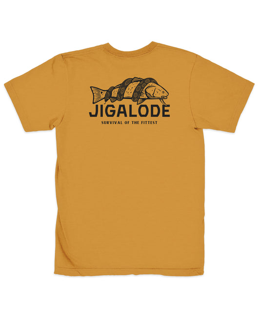 Back of the Jigalode gold yellow "Survival" tee that features a redfish that is being wrapped by a Burmese python. Below the fish it reads "Jigalode: Survival Of The Fittest". 