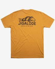 Back of the Jigalode gold yellow "Survival" tee that features a redfish that is being wrapped by a Burmese python. Below the fish it reads "Jigalode: Survival Of The Fittest". 