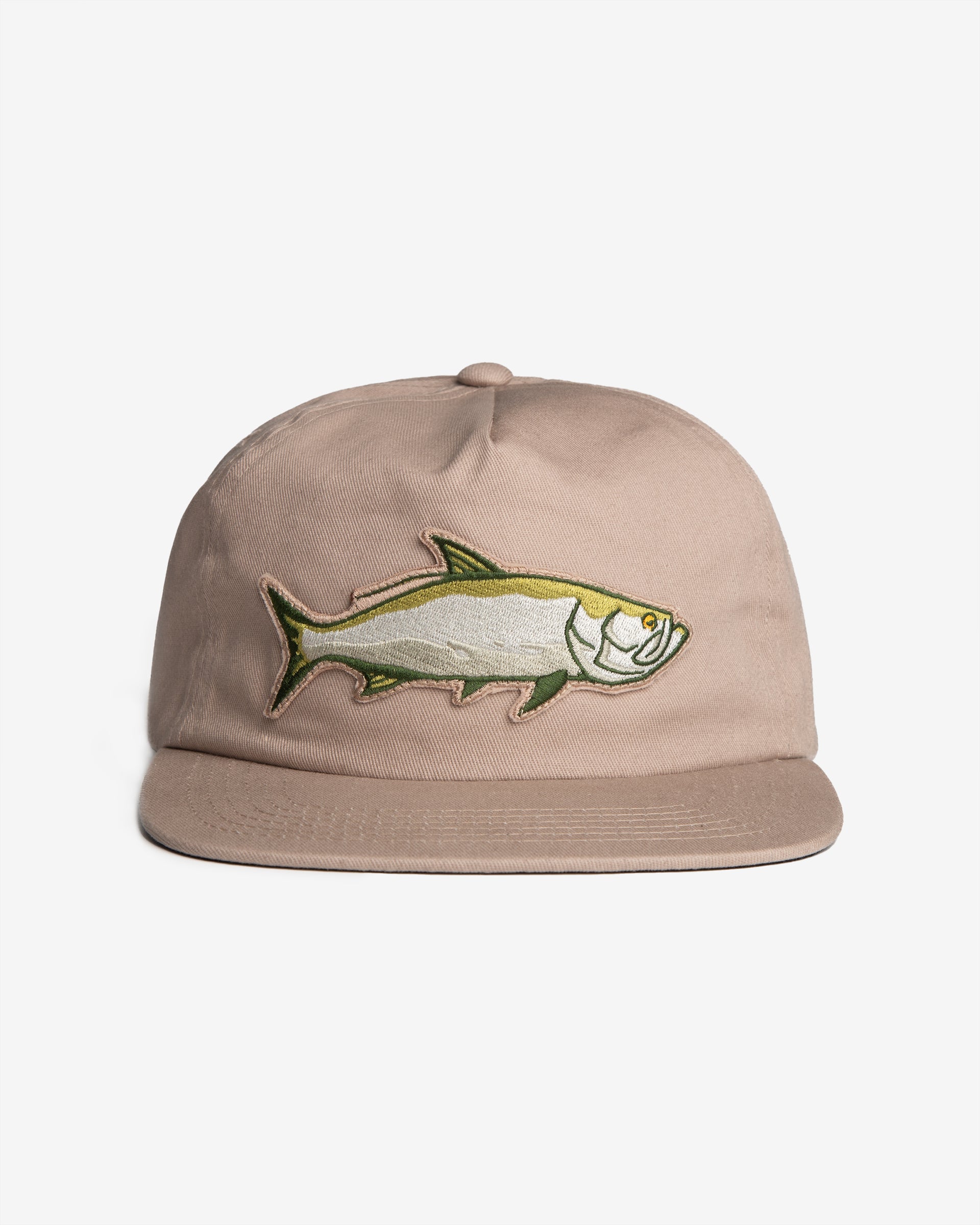 Direct front view of the Jigalode "Tarpon" snapback hat with a large tarpon patch in the front. The hat is tan/khaki with a green and gray tarpon patch across the front.