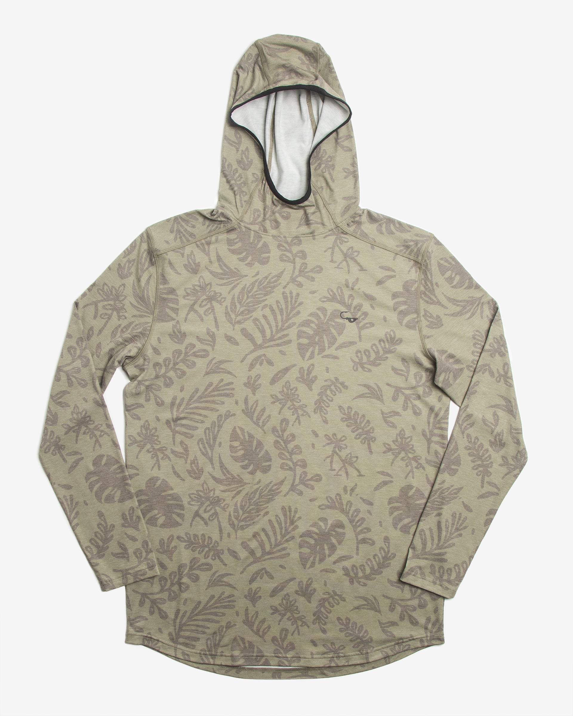Flat view of the Jigalode Mighty Jig Performance Fishing Hoodie in moss green with an all-over tropical plant pattern. The hoodie, designed for optimal performance, combines style with functionality. It provides UPF 30 sun protection, moisture-wicking properties, and features a super soft fabric.