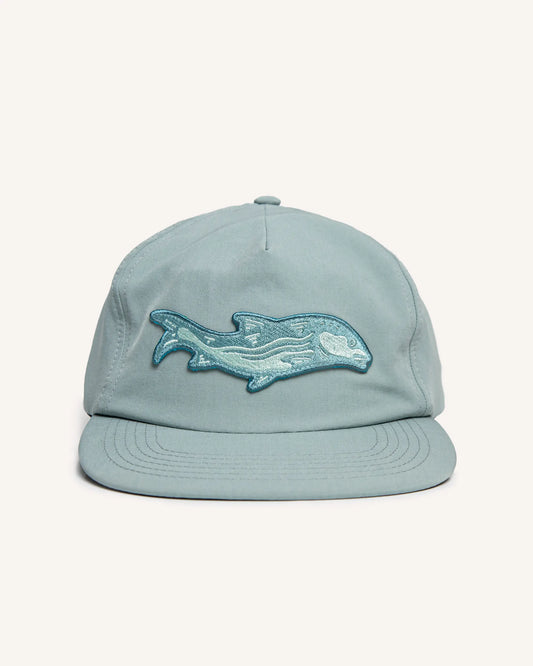 Light blue fishing snapback hat with a bonefish patch on the front.