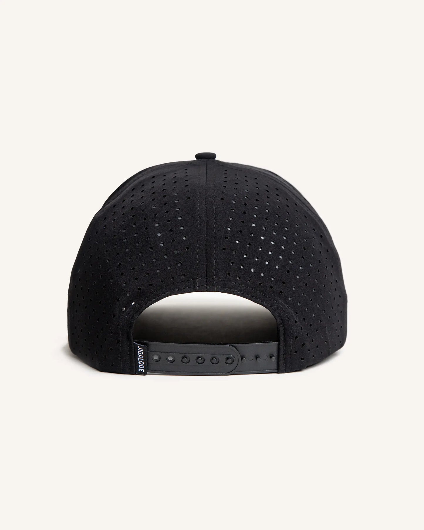 Back of Black performance fishing snapback with perforated holes and a rubber jigalode patch sewn in the front.