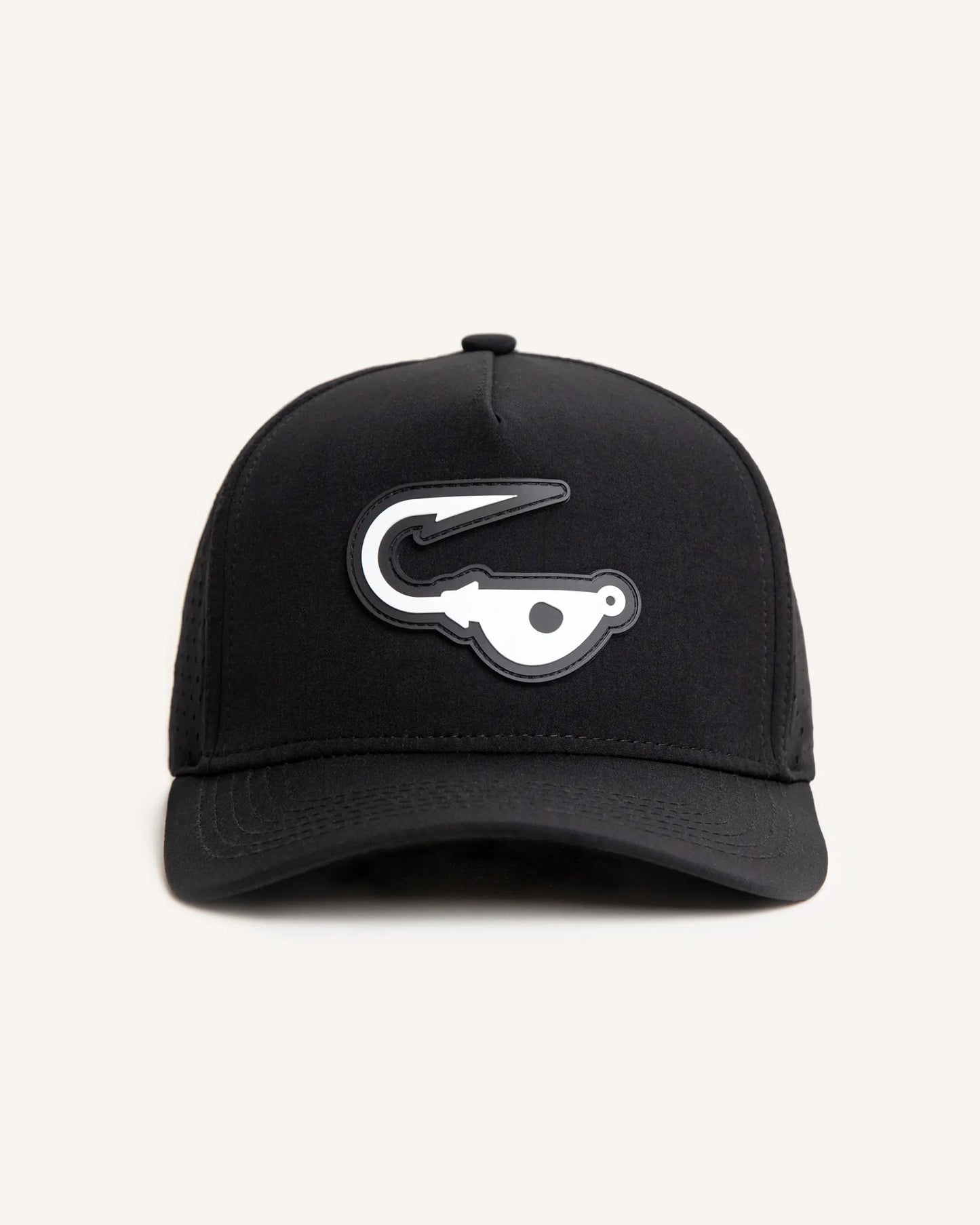 Black performance fishing snapback with perforated holes and a rubber jigalode patch sewn in the front.