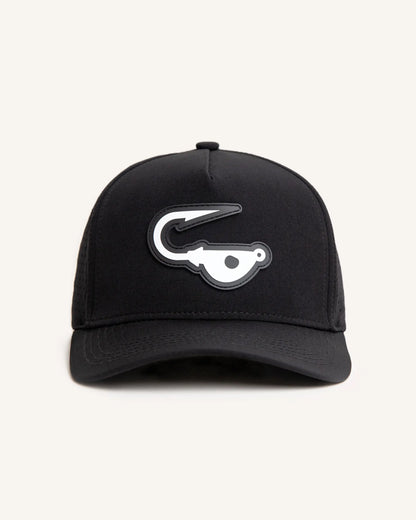 Black performance fishing snapback with perforated holes and a rubber jigalode patch sewn in the front.
