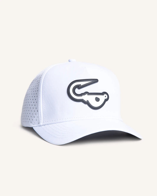 White perforated performance snapback with a black and white rubber Jigalode patch in front. 