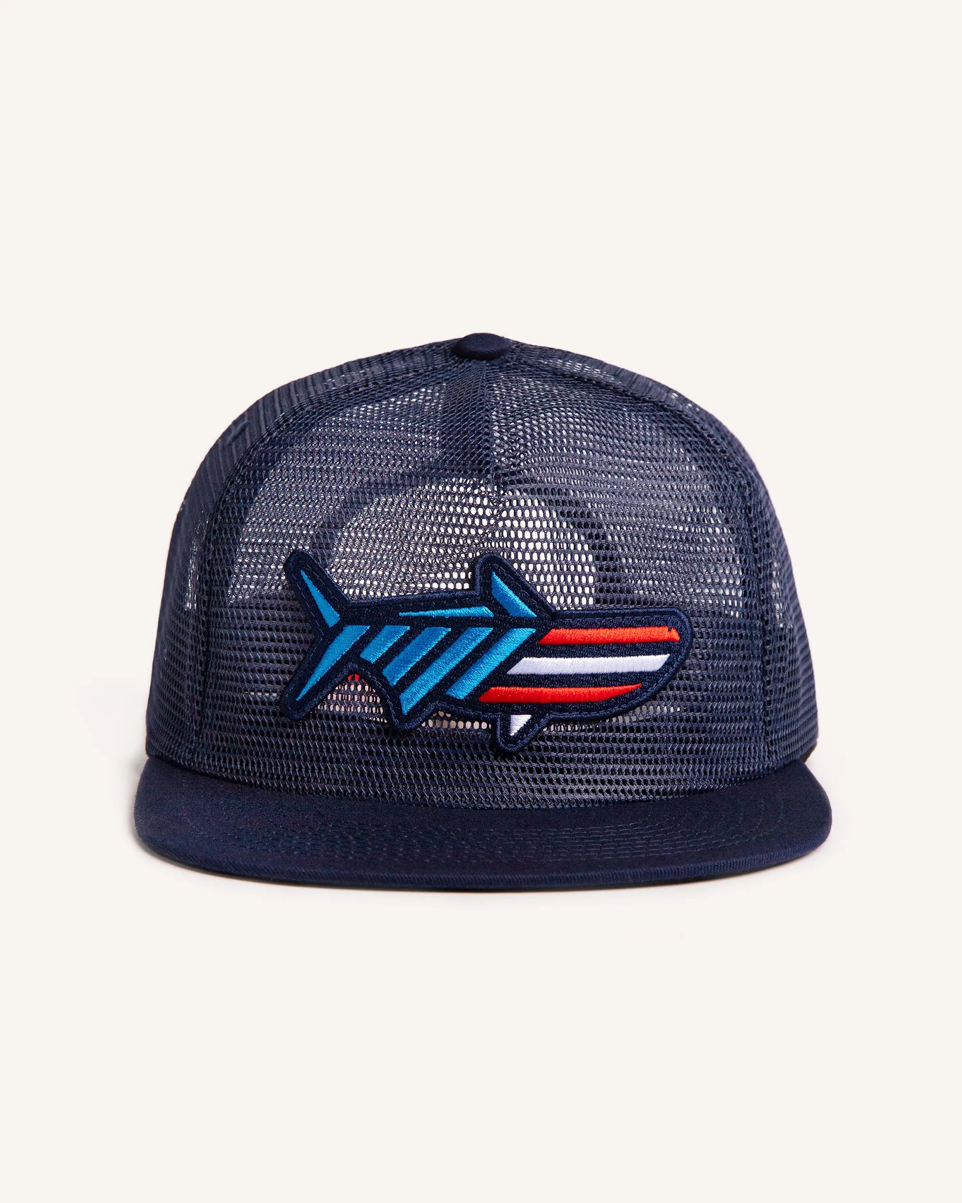 Front shot of the Red White & Poon Snapback. It is a navy blue, full mesh snapback with a red, white and blue striped tarpon patch. 
