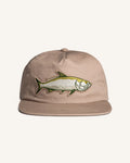 Front front view of the Jigalode "Tarpon" Snapback fishing hat. The hat is a tan/khaki unstructured flat brim with a large tarpon patch in the front.